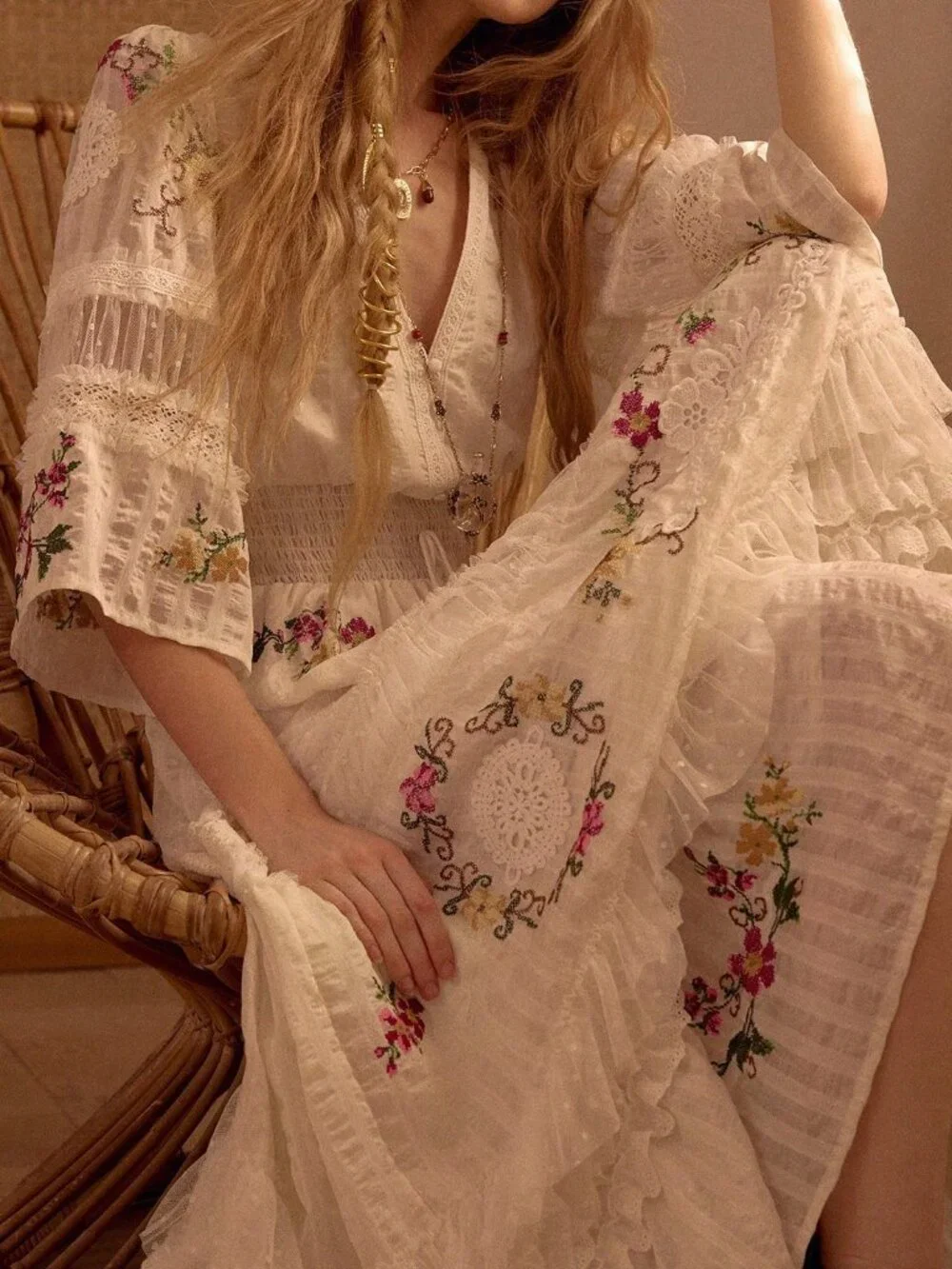 Beige Boho Women's Embroidered Patchwork Long Vacation Dress - Picture 4 of 8